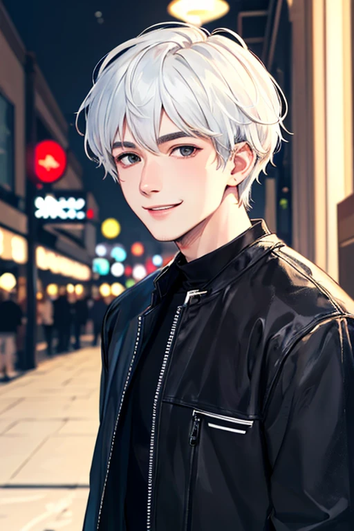 ((masterpiece)), (((best quality))), chromatic lighting,
colorized, white + black limited color palette, 
detailed concept drawing,
in a casino, Shibuya street fashion, no weird object on his face,
portrait, 25yo 1guy, slender, short white hair, black eyes, smiling