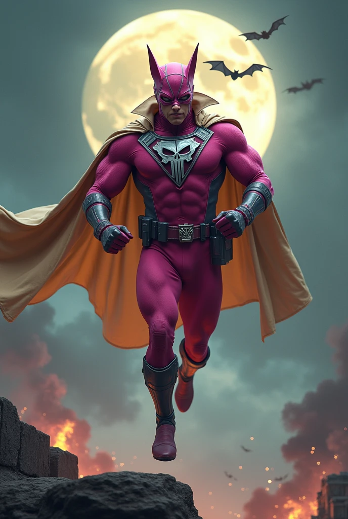 Malaysia man in high-tech suit, vivid effects, malaysian superhero(( (KELUANG MAN)) in a striking pink and brown beige costume cyberpunk design((, mask small mini bat ear beige,)) daredevil beige mask, jumpsuit dark pink stands confidently in a dramatic.jumping from high place.hero costume.one hand rise up. (Big triangle logo on the chest.high detail Punisher logo on the chest)). jumping from hight place. Fighting pose , stormy landscape. ((Head covered node guard like batman. Running pose , athletic body type, small mini ear bat mask))The character wears domino mask a helmet with pointed mini torn ears and a flowing cape biege, open nose and mouth. Equipped with visible futuristic weapons on a belt,bullet proof jacket pink dark day.show fingers pose, dark night, big supermoon effect . Small logo on chest triangle shape small ((mitch gerads punisher ))logo center triangle cyber logo center on chest pink logo mini logo . rocky. Building top.smoke ground , bomb effect background, losse pants, losses costume.adding to --ar 3:4 --style raw --stylize 500 --v 6.1. chaos. Lot of small flying bat. One leg on the high stone. Man. Backpack . Real man age 40 year old. One hand holding belt. Jump from high place. Open cape.