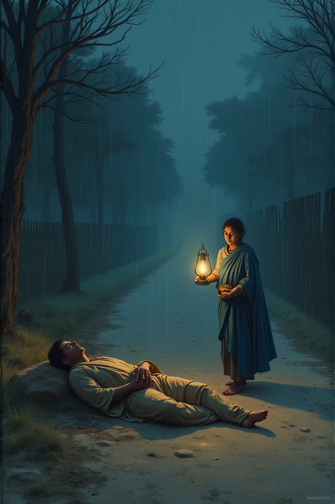 Upagupta ,the disciple of Buddha wearing sage clothes, is lying on dusty road of Mathura without any pillow or any other amenities in 3rd Century BC at a stormy night and a young woman trips over the chest of Upagupta ,waking him up . She is dressed in blue mantle and has a old kerosene lamp in her hand.