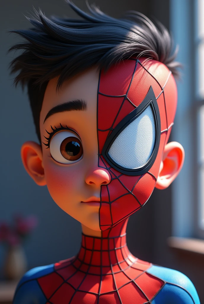 2D animation portrait of a young boy. left side of the face, with buzz cut hair, thick black eyebrows with expressive brown eyes and long eyelashes, small nose and small mouth with a dark lower lip. The right side is the Spiderman mask in light blue tones.