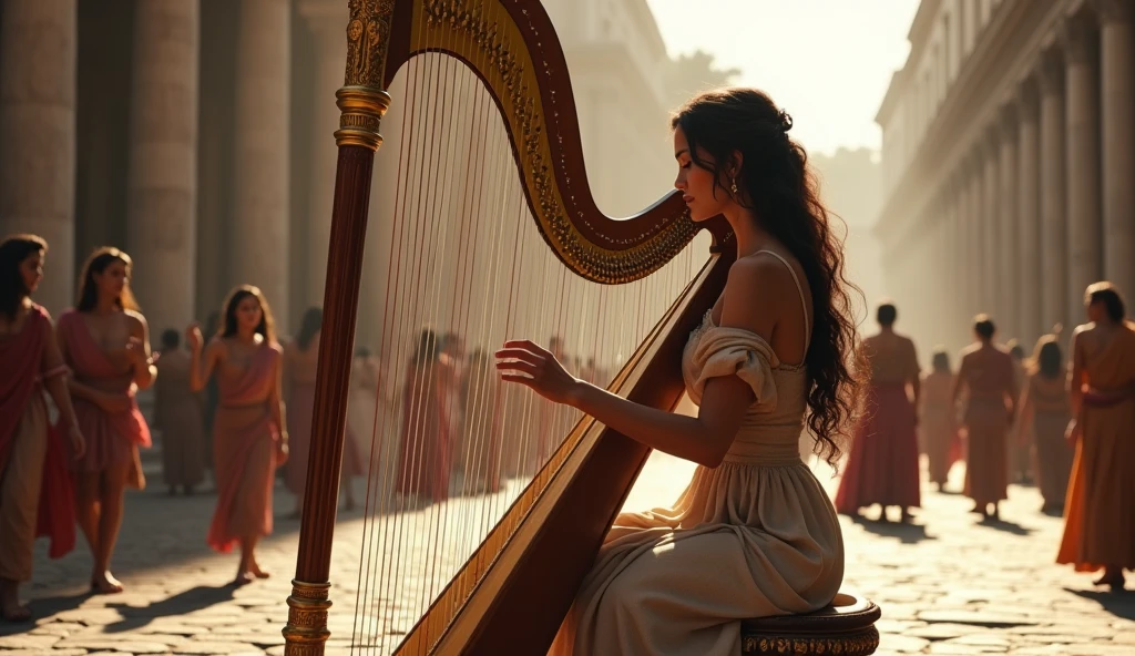 30 a.C; (masterpiece, best quality) woman playing the harp in the street of Rome