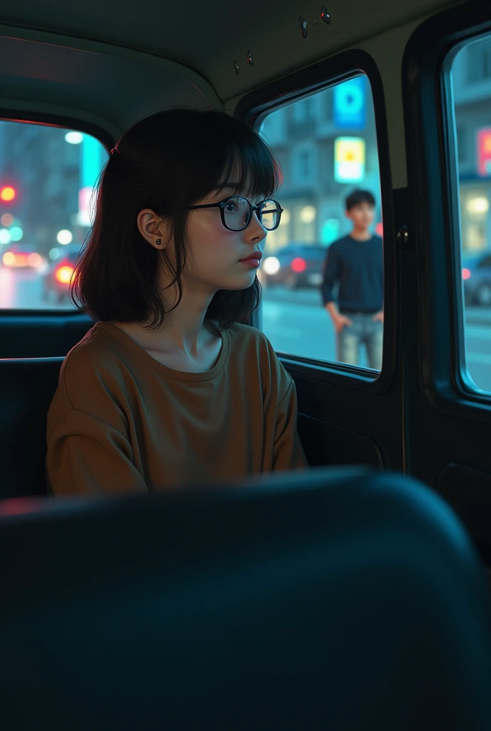 At night, a girl wearing a brown top, jeans and glasses is sitting in the third last row of a taxi and thinking about a boy wearing a dark blue shirt, jeans and white shoes.