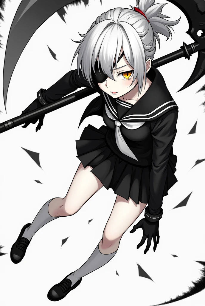 Medium height White short ponytail anime girl Determine yellow eye color with black eye patch wearing black school uniform, short skirt, long white sock, tactical glove wielding long futuristic scythe. Manga anime art style. Black and white