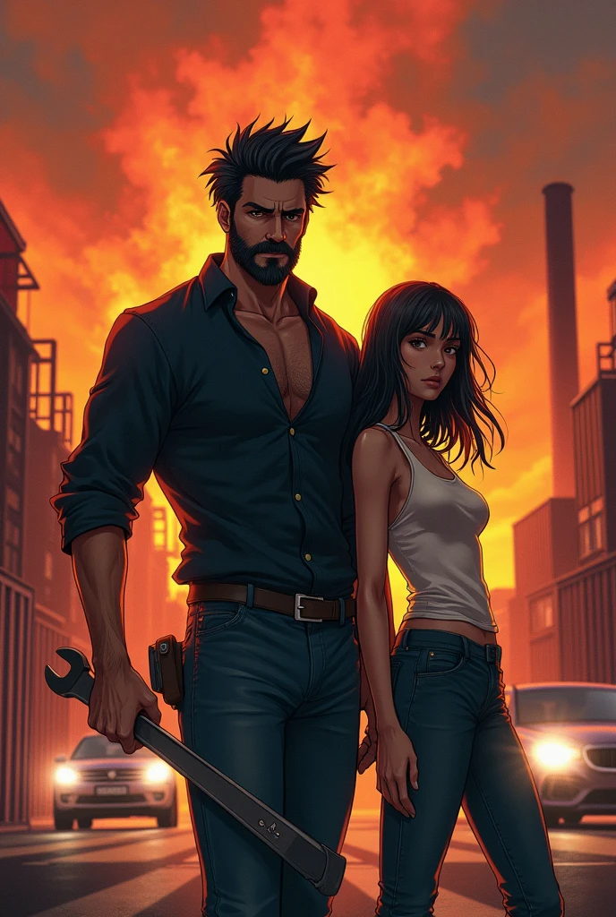 Create a anime style landscape long shoot image. Anime ,Dramatic and intense digital anime artwork featuring a 20 year boy with a stern expression, sitting on a large tire with chains. He has a medium skin tone, a thick beard, and tousled dark hair. He is dressed in a dark shirt and jeans, holding a large wrench. Right side him, there is a hot sex girl , adding to the fierce atmosphere. The background is filled with an orange and red fiery glow, with industrial elements like containers and a car with headlights on. The overall composition is dynamic and powerful, emphasizing strength and determination.