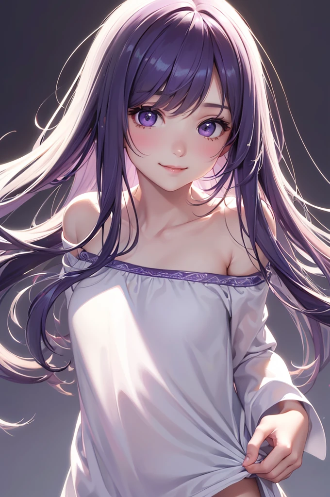 (highest quality, 8k, 4k, High resolution, masterpiece:1.2), Super detailed, beautiful illustrations, Vivid color, Lens flare, natural light, one person, woman, beautiful face details, beautiful eyes, long eyelashes, soft lips, (small face), (Purple hair:1.6, long hair, Brown eyes), perfect face, shiny skin, (beautiful breasts), open your mouth and laugh:1.2, (turtleneck knit:1.2, No sleeve, pants style), (shifting gaze, color々I'm interested in something, light steps), bustling street, Strolling around, Light and shadow with attention to detail, background bokeh.
