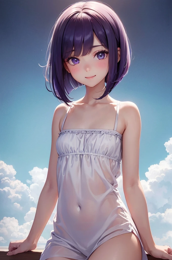 Best Quality,High resolution,8k,(plain white background, no patterns, no textures, just a plain white background:1.3),Masterpiece:1.2),beautiful girl,(focus face),Glossy, deep purple hair,(bob cut:1.2),Beautiful purple eyes,Cute black pajamas,Gentle look,A refreshing look,smile,Best quality,Best Quality,Aesthetic and aesthetic:1.2,Best details((Super detailed))(High-definition CG illustrations),Slender body,smile,blush,cute,Scrounge,Looking up,Being spoiled,super model