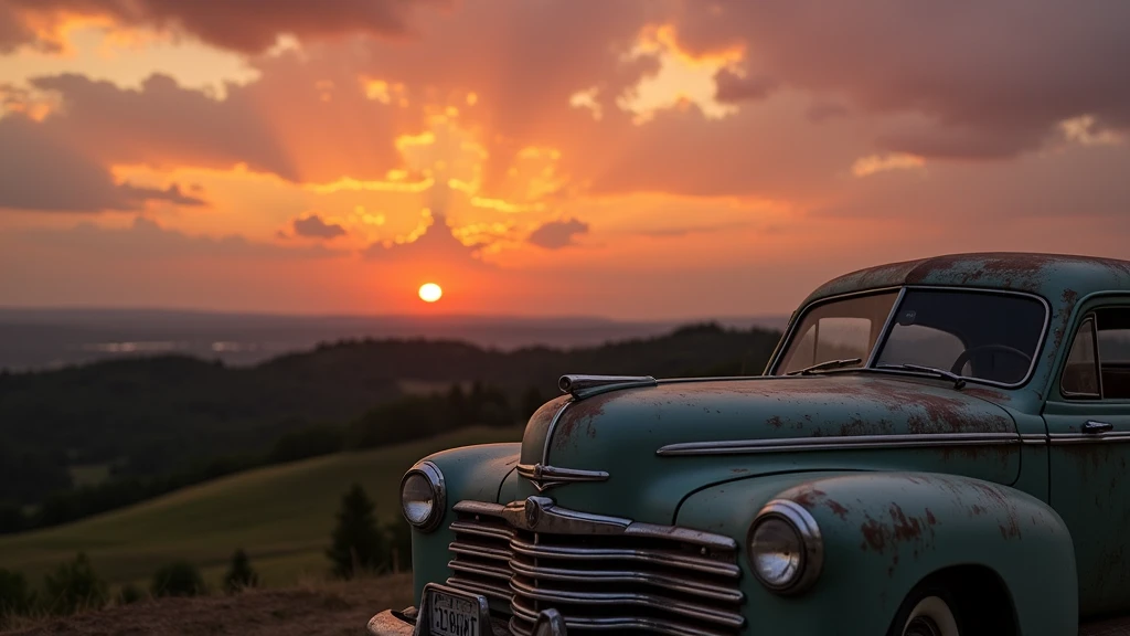 An old car at sunset