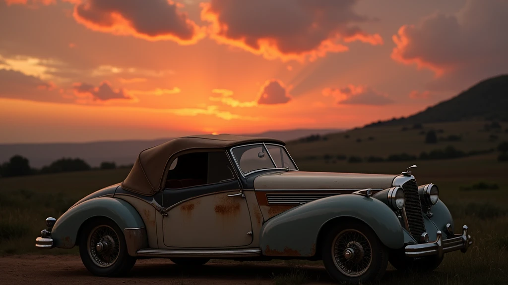 An old car at sunset