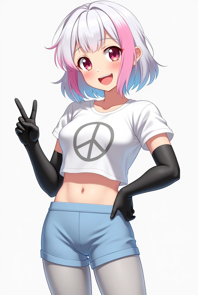 Japanese girl with short hair, white and pink, White cropped t-shirt with a light grey peace symbol on the chest, hands and forearms with black gloves, short light blue tight shorts and legs except thighs with long light grey stockings. happy