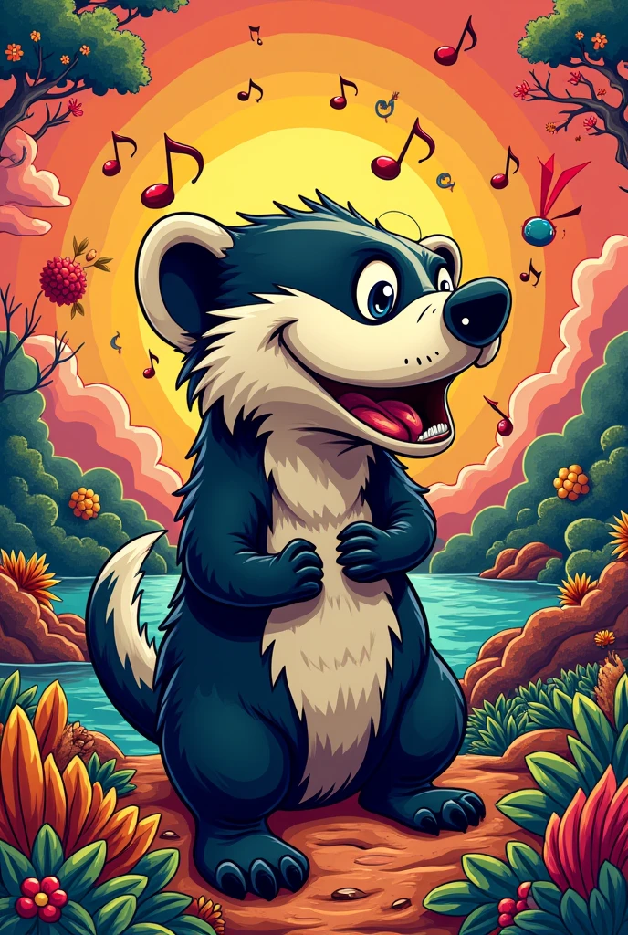 Create a 3000X3000 pixels a Catoon music art cover with a ”honey badgere”