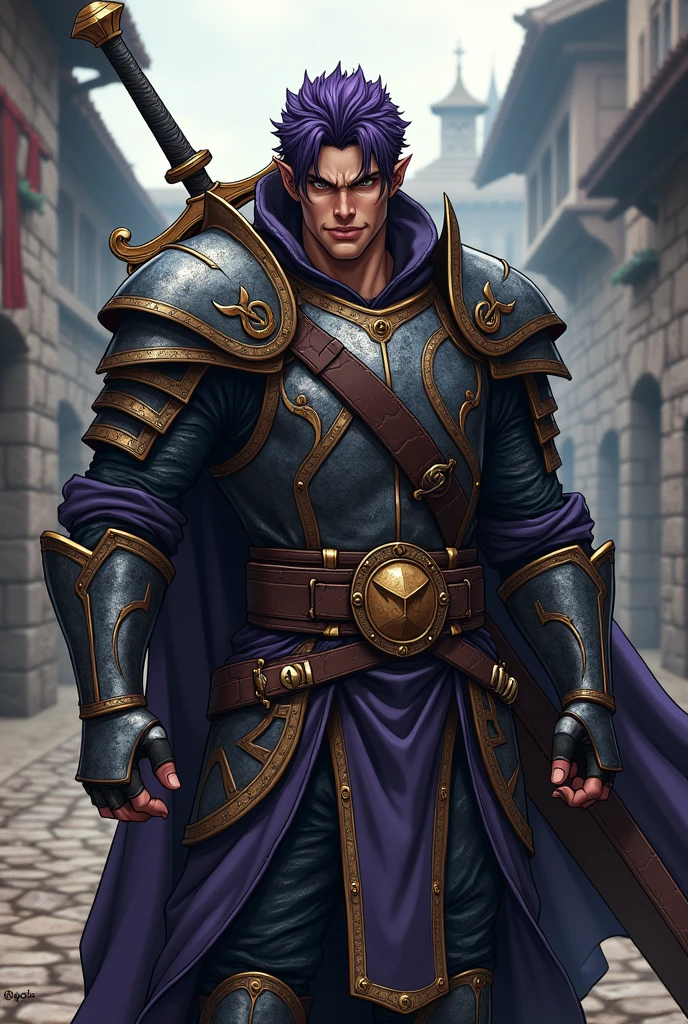 A character for my role-playing game has to look like this; man, noting that it measures 1.20cm tall, Tez blanca, hair between very dark purple and black, carrying a very large and heavy sword on his back, wearing semi-heavy armor, with a big arrogant smile on his face, in the style of medieval anime role-playing, doing an iconic pose from the anime jojos bizarre adventure, with medium musculature, with shading in the style of the anime jojos bizarre adventure, 1