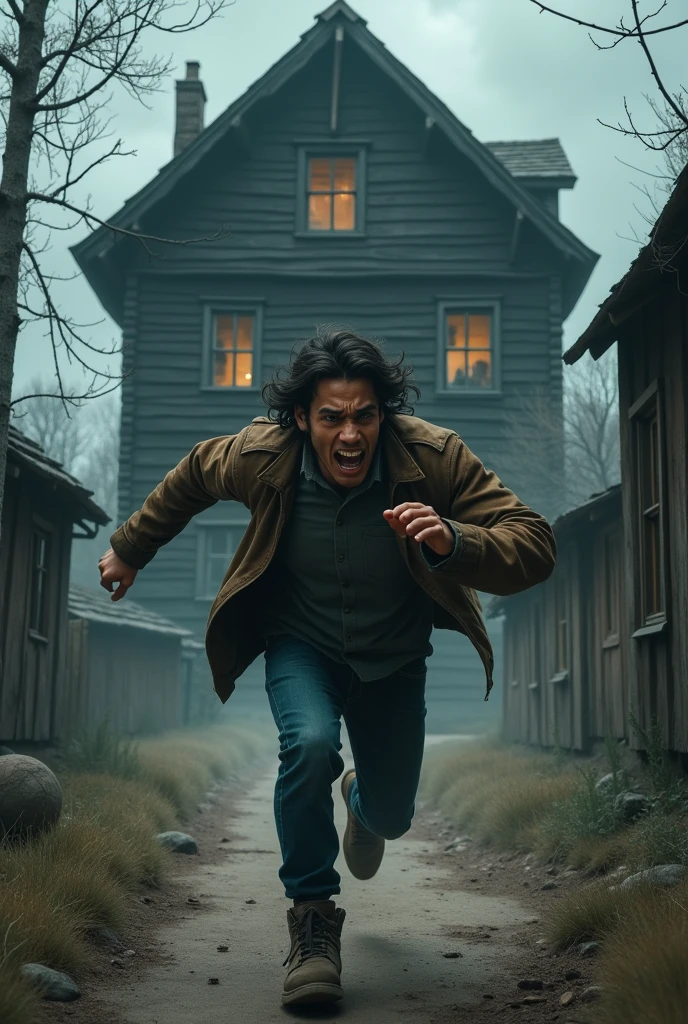 A young man fleeing from a large wooden house, with expressions of fear on their faces, in a small town with a dark atmosphere and a little more lively 
