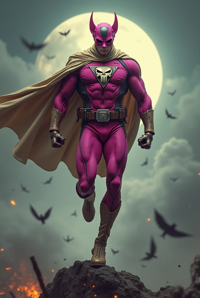 Malaysia man in high-tech suit, vivid effects, malaysian superhero(( (KELUANG MAN)) in a striking pink and brown beige costume cyberpunk design((, mask small mini bat ear beige,)) daredevil beige mask, jumpsuit dark pink stands confidently in a dramatic.jumping from high place.hero costume.one hand rise up. (Big triangle logo on the chest.high detail Punisher logo on the chest)). jumping from hight place. Fighting pose , stormy landscape. ((Head covered node guard like batman. Running pose , athletic body type, small mini ear bat mask))The character wears domino mask a helmet with pointed mini torn ears and a flowing cape biege, open nose and mouth. Equipped with visible futuristic weapons on a belt,bullet proof jacket pink dark day.show fingers pose, dark night, big supermoon effect . Small logo on chest triangle shape small ((mitch gerads punisher ))logo center triangle cyber logo center on chest pink logo mini logo . rocky. Building top.smoke ground , bomb effect background, losse pants, losses costume.adding to --ar 3:4 --style raw --stylize 500 --v 6.1. chaos. Lot of small flying bat. One leg on the high stone. Man. Backpack . Real man age 40 year old. One hand holding belt. Jump from high place. Open cape.