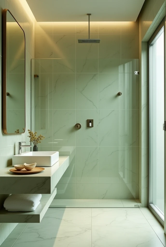 The bathroom features soothing light olive green tiles on the walls, creating a calming and sophisticated ambiance. A sleek, modern sink complements the serene color scheme, while a spacious shower room adds a touch of elegance and practicality. The overall design blends tranquility with contemporary style, making the space both inviting and functional.