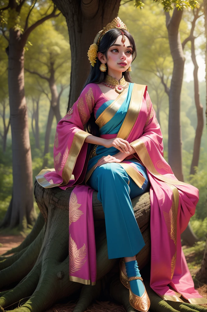 The image shows a young woman sitting on a tree trunk in a forest. She is wearing a traditional Indian outfit, consisting of a pink saree with intricate gold embroidery and a matching blouse. She has a flower crown on her head and is looking off to the side with a serious expression on her face. In the background, there is a man dressed as a Hindu deity, wearing a blue and gold outfit and a turban. The trees in the background are tall and green, and the overall mood of the image is peaceful and serene.