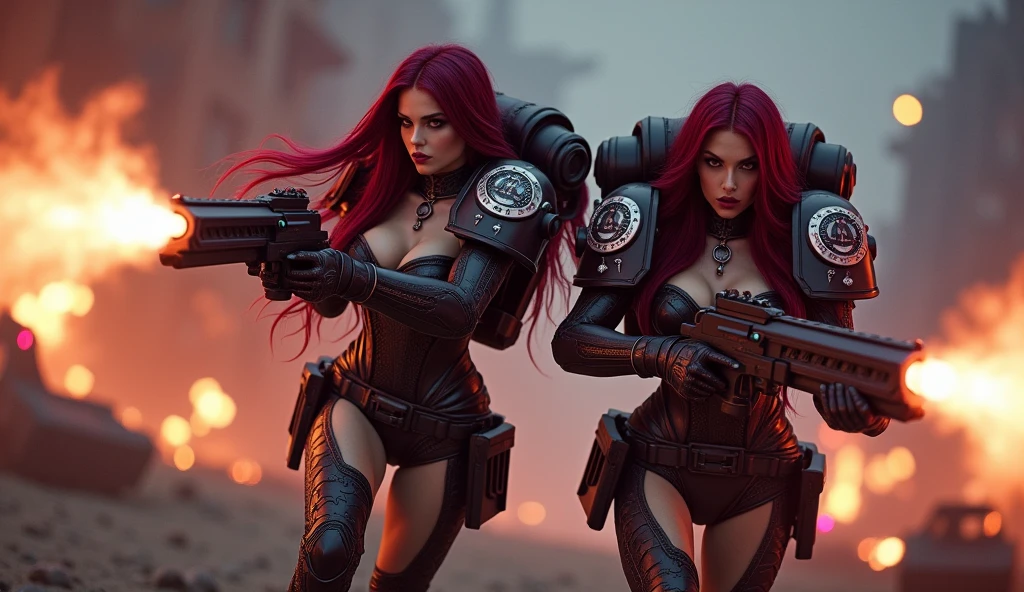 Full body pose sexy sisters of battle from the warhammer 40k, shooting at the enemy, red space marine armor with intricate details, black space marine armor with intricate details, symbols on the armor, sisters of battle, warhammer 40k, Massive exposed silicone breast, pale skin, seductive, temptation, eat your soul, clevage, long red flowing hair, long black flowing hair with purple highlights, heavy gothic makeup, at night, neon, beautiful detailed eyes, beautiful detailed lips, extremely detailed eyes and face, long eyelashes, highly detailed armor, intricate futuristic weaponry, dramatic lighting, cinematic composition, muted color palette, gritty and realistic, mecha, science fiction, hyper-detailed, photorealistic, award winning digital art, 8k, HDR, masters work, in the middle of a battle field, full body combat action pose, explosions and fire around, full war, stunning, Stilleto heels, high heels, full body pose, cinematic, movie trailer, final stand!, nemesis, ready to strike, dust and debree, combat screams, attacking, shooting at the enemy, running forward, last line of defense, charging, fanatic, religious, templar knights, sisters of battle, warhammer 40k, shooting at the enemy, bimbo gigantic exposed breast, jetpacks, space marine, stilleto heels, cinematic light, cameltoe pussy, beautiful pussy, wet pussy, wet body, oiled body, gigantic breast, dynamic super sexy combat action pose