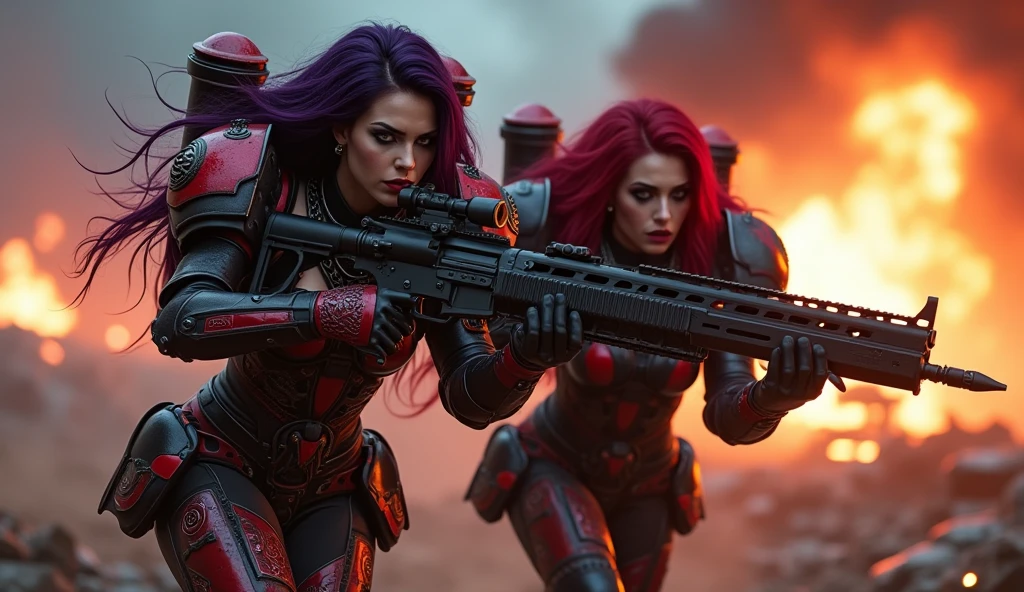 Full body pose sexy sisters of battle from the warhammer 40k, shooting at the enemy, red space marine armor with intricate details, black space marine armor with intricate details, symbols on the armor, sisters of battle, warhammer 40k, Massive exposed silicone breast, pale skin, seductive, temptation, eat your soul, clevage, long red flowing hair, long black flowing hair with purple highlights, heavy gothic makeup, at night, neon, beautiful detailed eyes, beautiful detailed lips, extremely detailed eyes and face, long eyelashes, highly detailed armor, intricate futuristic weaponry, dramatic lighting, cinematic composition, muted color palette, gritty and realistic, mecha, science fiction, hyper-detailed, photorealistic, award winning digital art, 8k, HDR, masters work, in the middle of a battle field, full body combat action pose, explosions and fire around, full war, stunning, Stilleto heels, high heels, full body pose, cinematic, movie trailer, final stand!, nemesis, ready to strike, dust and debree, combat screams, attacking, shooting at the enemy, running forward, last line of defense, charging, fanatic, religious, templar knights, sisters of battle, warhammer 40k, shooting at the enemy, bimbo gigantic exposed breast, jetpacks, space marine, stilleto heels, cinematic light, cameltoe pussy, beautiful pussy, wet pussy, wet body, oiled body, gigantic breast, dynamic super sexy combat action pose