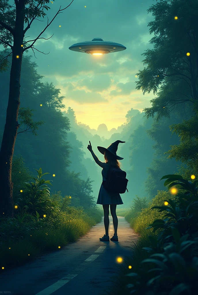 A road with a lot of vegetation, a single woman traveling with a backpack on her back and a witch&#39;s hat, levantando el dedo pulgar 👍🏼 pidiendo un aventon a un ovni en el anochecer con luciérnagas en el aire