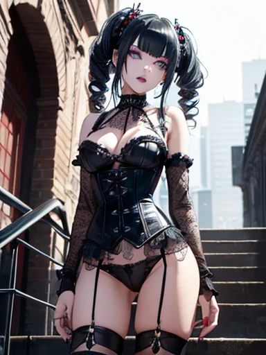  A gothic punk goth girl, perfect face, beautiful Asian woman with long White hair in curls and coils, very cute and           beautiful girl, (highly detailed beautiful face), high detailed fingers, (Blood Red corset) detailed face, curled white hair
]cowboy shot, looking at viewer, Standing, white panties. intricate details, cinematic scene, detailed background, solo, dynamic angle,  ((beautiful big blue eyes looking down at the viewer, black shiny lipstick, perfect Asian goth cyber makeup)) double d breast, detailed cute face, white hair, gothic punk fashion, highly detailed gothic fashion, short skirt, heavy make up,),(dark black lipstick), size, Backlight effect, lens flare, depth of fields, blurry background, Detailedface,1 girl, Detailed eyes, ,(thigh up shot image :1.5), Black gloves, climbing stairs, looking back over her shoulder