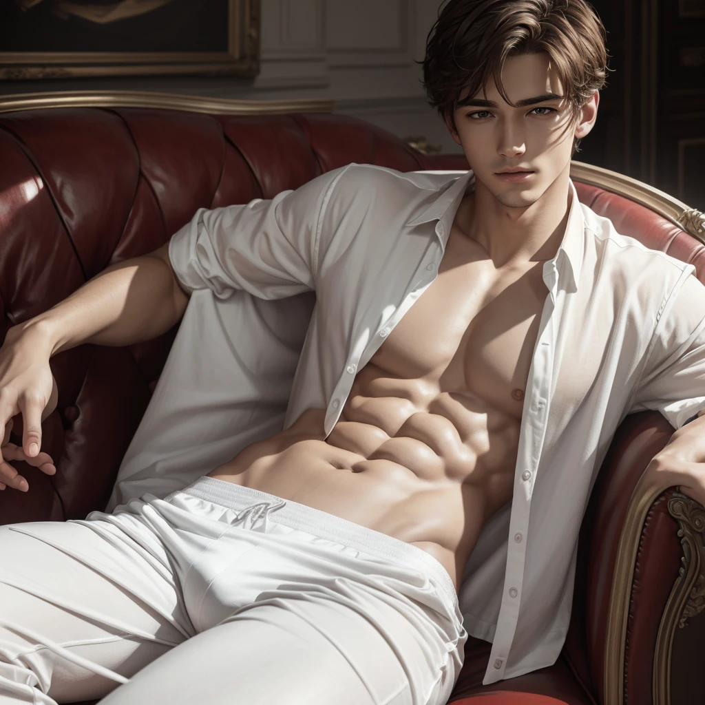 Realistic 4 K HD painting of a young man, with open white shirt and white underpants, sitting on a armchair relax pose. Hight constrast. Soft light