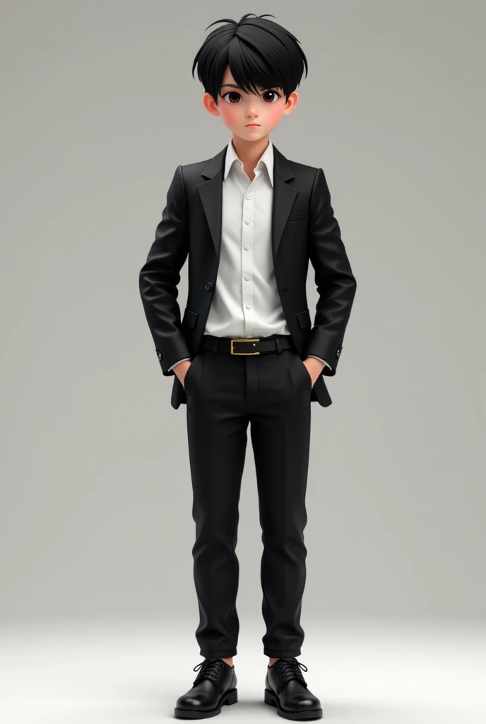 Boy with medium black hair and dark eyes white shirt black jacket black pants and black sneakers