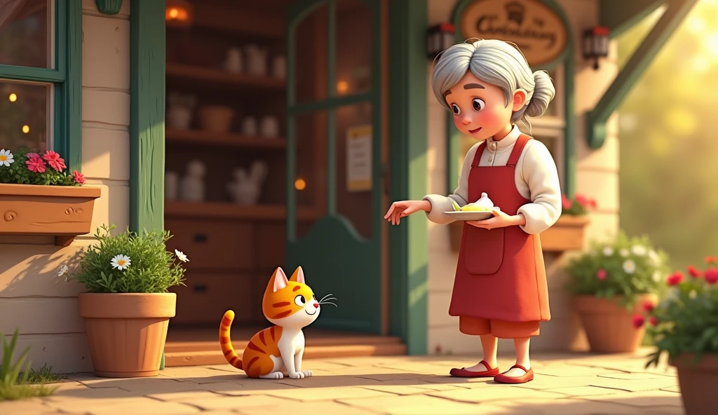 Create an image of a cozy village bakery scene where a kind, elderly baker steps out of her shop and notices Whiskers, a charming orange and white cat. Whiskers should be sitting near the bakery's entrance, looking up at the baker with bright, expectant eyes. The baker should have a warm smile on her face as she holds a small dish of cream in her hand, ready to offer it to Whiskers.

The bakery itself should look inviting, with a rustic sign above the door, flower boxes under the windows, and the warm glow of the evening sun casting soft shadows. The overall atmosphere should be heartwarming and friendly, capturing the sweet moment of connection between the baker and Whiskers.