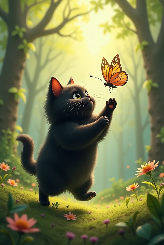 There is a fluffy black cat that is jumping up with its paws to catch a butterfly. The scene is set in a beautiful forest, with soft sunlight filtering through the leaves. The cat looks playful and mischievous.