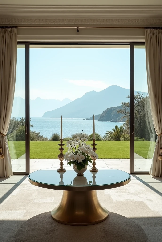 luxury room, moderno, large table with candelabras and vase of white orchids , wall with full glass sliding door on the entire wall with a view of the lawn first, then sand, then crystal blue sea, with mountains on the ocean side, inside curtains on the sides of the wall where the glass door is, modern carpet, wall with white boiserie, all in the neoclassical style, real image quality in ultra hd