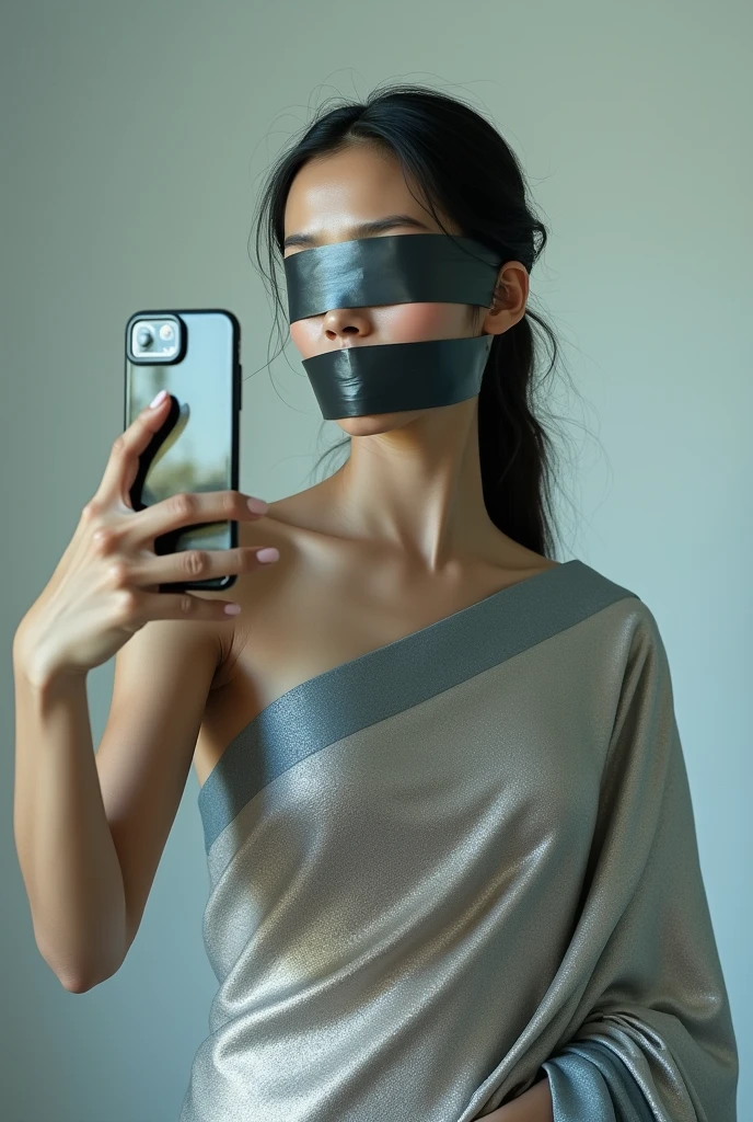 Aesthetic girl blindfolded Duct tape gagged in silver shimmering saree taking selfie