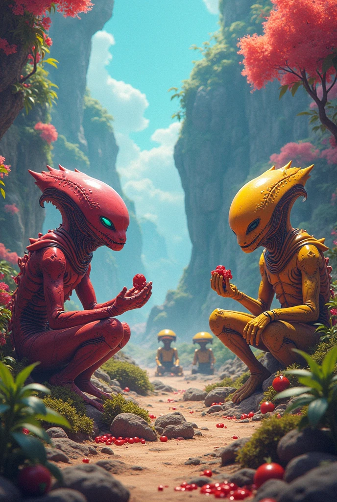 "Ek alien duniya ka drishya, jahan alag-alag prakar ke aliens apne apne manpasand bhojan ka anand le rahe hain. Chitra mein alag-alag alien prajatiyon ko dikhayein, jo apne unique bhojan padarth khane ke liye vyast hain. Har alien ka bhojan aur unki vishesh jankari dikhayein, jaise ki ek alien podhon ko khata hai, dusra energy se bhara padarth consume karta hai, aur teesra liquid plasma ya kisi aur visesh padarth ka upbhog karta hai. Background mein ek vibrant aur futuristic alien duniya dikhayein."