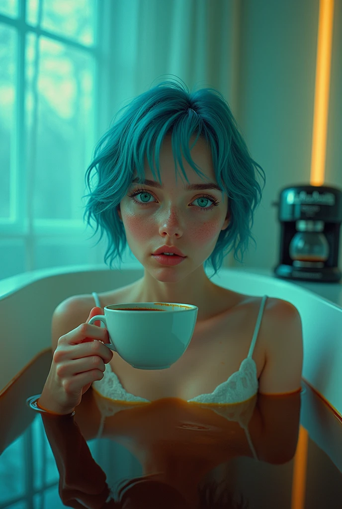 Woman 20 Years Old Nordic Ethnicity, short blue hair with a perfect face and light freckles, Blue-Green Eyes, an album cover, showing her bathing in a bathing tub full of coffee, with a coffee machine nearby, pouring even more coffee in the tub by a coffee cup hold in her hand, ((Color palette - turquoise, neon green, yellow shades))
