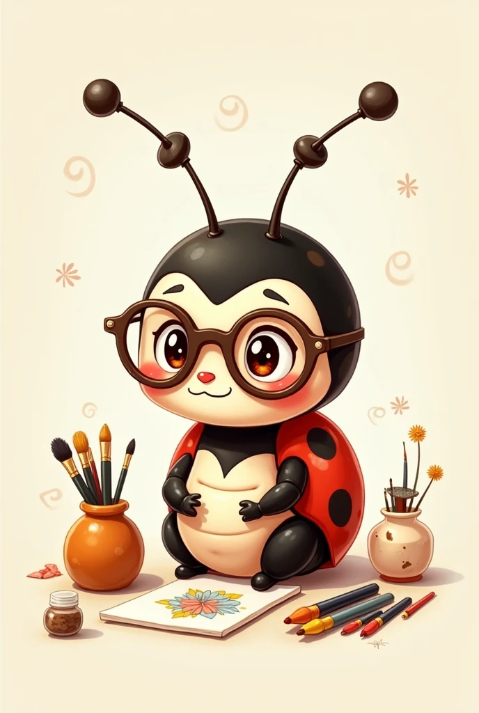 Ladybug drawing wearing glasses and doing art, very cute and detailed with a neutral background