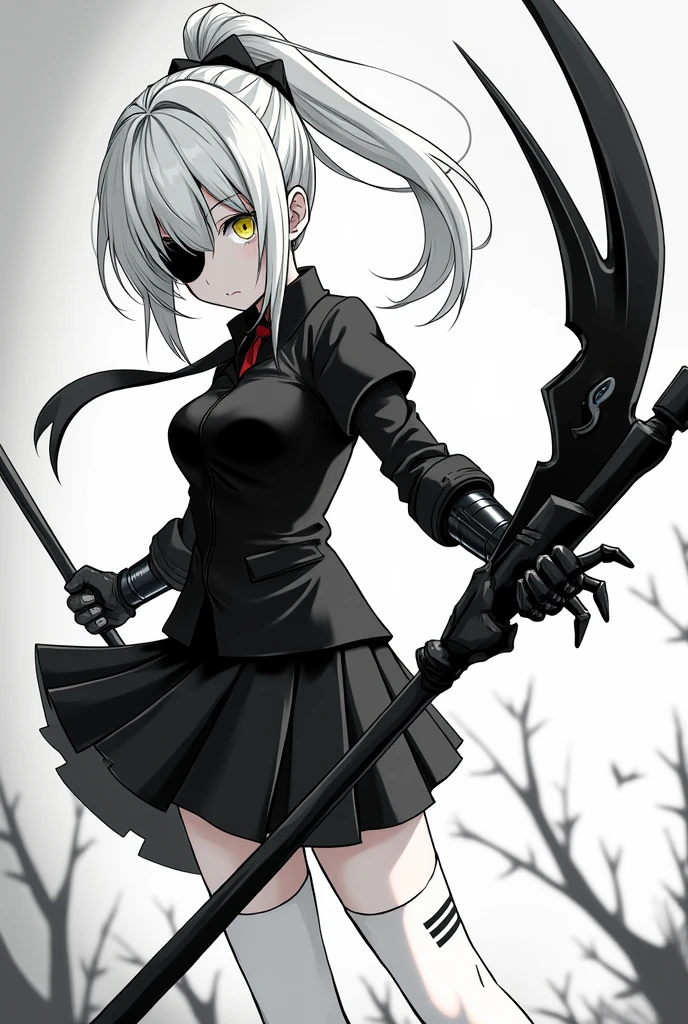 Medium height White short ponytail anime girl Determine yellow eye color with black eye patch wearing black school uniform, short skirt, long white sock, tactical glove wielding long futuristic scythe. Manga anime art style. Black and white