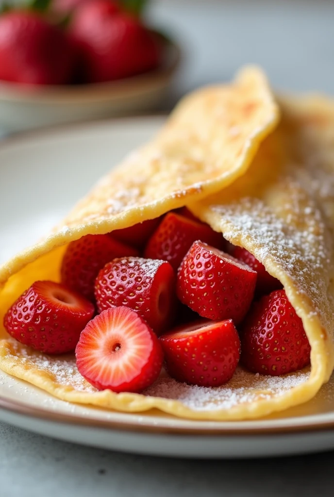 a crepe with strawberries inside, the strawberries cut into cubes