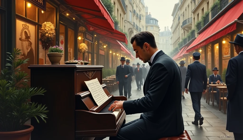 1934; (masterpiece, best quality) man playing Piano on the street(Paris)
