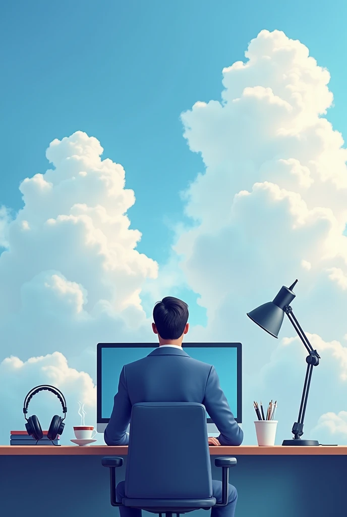 Create a banner which contains the name Rahul Vadakkiniyil and position Cloud Engineer and with a computer and coffee with headphone on the table done include human in this