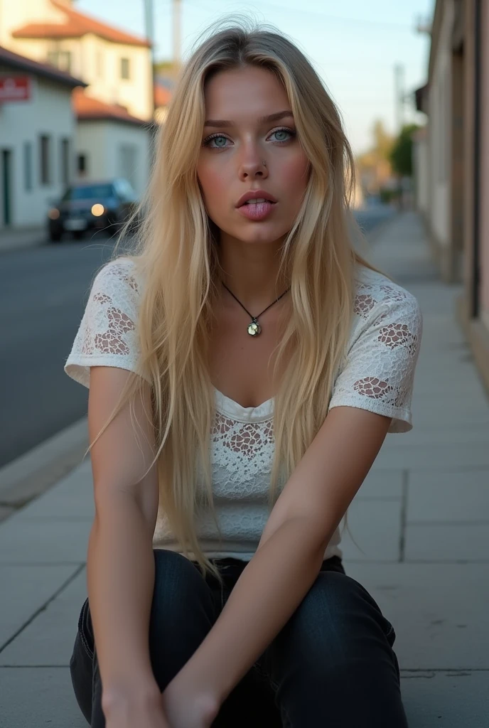 Create a realistic image of a 20 year old woman, long blonde hair, blue eyes, cheekbones, ((full body)),
 sitting on the ground in the street on a sidewalk, wearing black jeans,
 the t-shirt has white lace, tongue sticks out (blue tongue piercing), background image 
of houses, from head to toe, full body, hyper realistic photo
