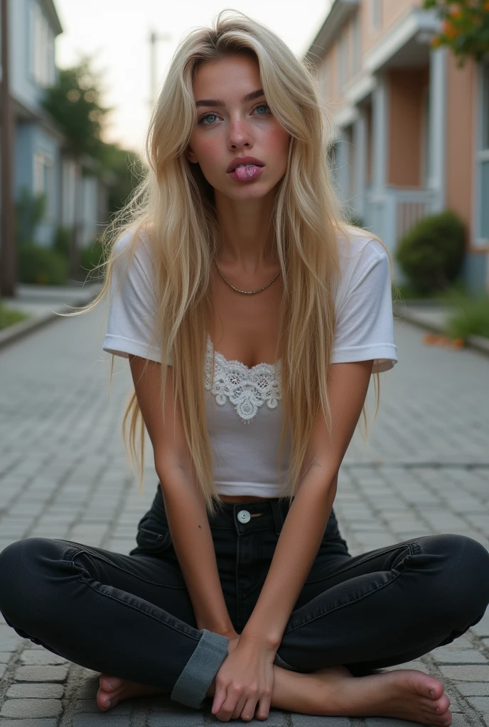 Create a realistic image of a 20 year old woman, long blonde hair, blue eyes, cheekbones, ((full body)),
sitting on the ground in the street on a sidewalk, wearing black jeans,
the t-shirt has white lace, tongue sticks out (blue tongue piercing), background image
of houses, from head to toe, full body, hyper realistic photo