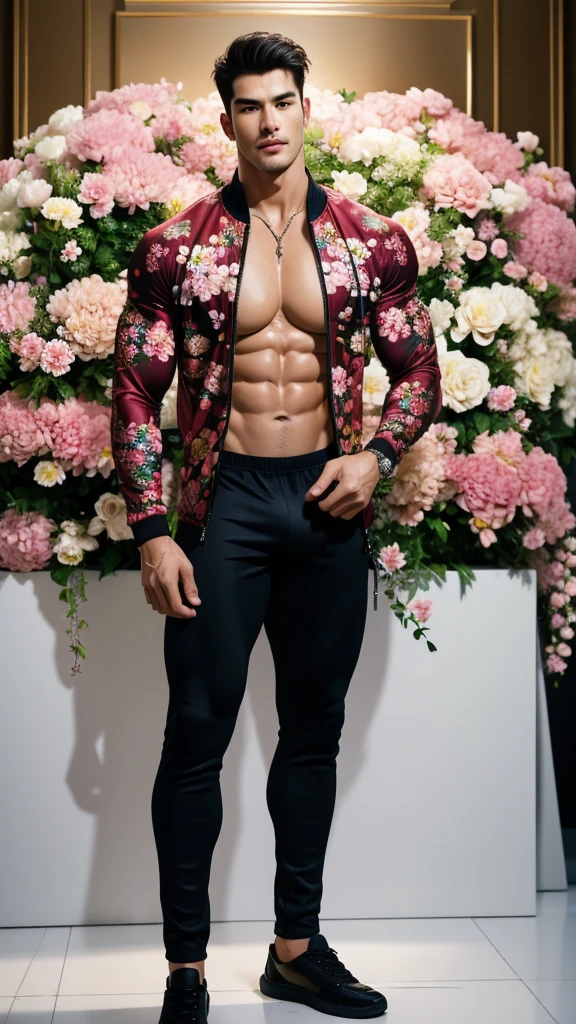 (absurdres, highres, ultra detailed, Ultra HD), ((tall handsome muscular man with a strong physique, solo, male model modern clothing, Full length portrait: 1.5, wearing a flower printed zip-up jumpsuit that is unzipped revealing his chest and abs, bulge: 1.2, verious flowers around him, jewellery, the man is standing comfortably in the flowers,)), beautiful, gorgeous, wet, mature, perfect eyes, sexy gaze, (looking at the viewers romantically), perfect body, smooth skin, a hot glow in his skin, extra large chest, largest breasts, extremely large pectorals, big nipples, breathtaking grandeur, model pose, colorful, artistic, focus on his calm facial features, elegant look, sexy posture, full body view,