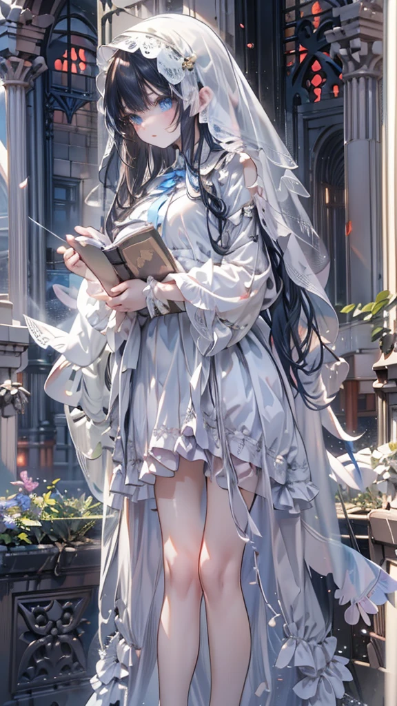 Very detailed、Many details、Accurate Fingers、Exact number of arms、high resolution、Ghost Girl、Standing with a thick book、White embroidered veil、White long sleeve frilly dress、There is a slit on the thigh、Large Breasts、Blue dark eyes、Big eyes、barefoot、cute、Black Hair、A fragile face peering at me、beautiful、Abandoned Church、Western cemeteries
