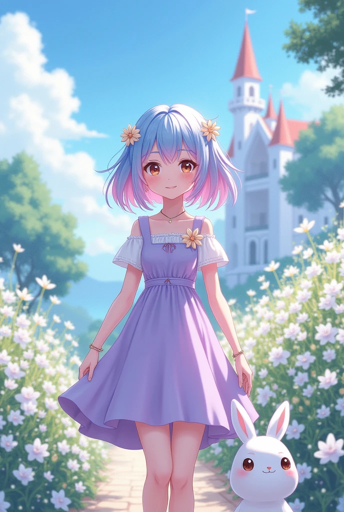 Manhwa, women, hair a little below the shoulders, color half pastel blue half pastel pink and with fringe. light brown eyes. Dressed in a lilac-colored dress and with white flowers adorning her hair. one lens. Arriving at a place full of white flowers next to a rabbit, while in the background you can see a white castle. Represented in cartoons.