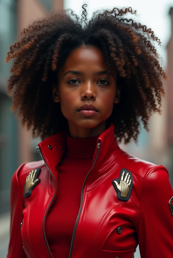 Curl hair. Beautiful teen Kenyan woman. Hero outfit color red. She wears a jacket but make it heroic outfit. Hand logo on her outfit 