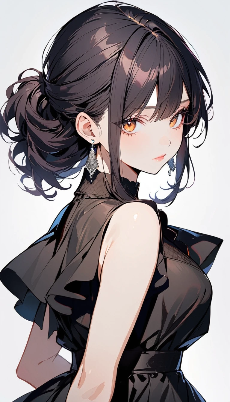 1girl, solo, half updo, black hair, brown eyes, wearing a simple black dress, sleeveless, looking at viewer, light pink lips, upper body, closed mouth, shirt, earrings, white background