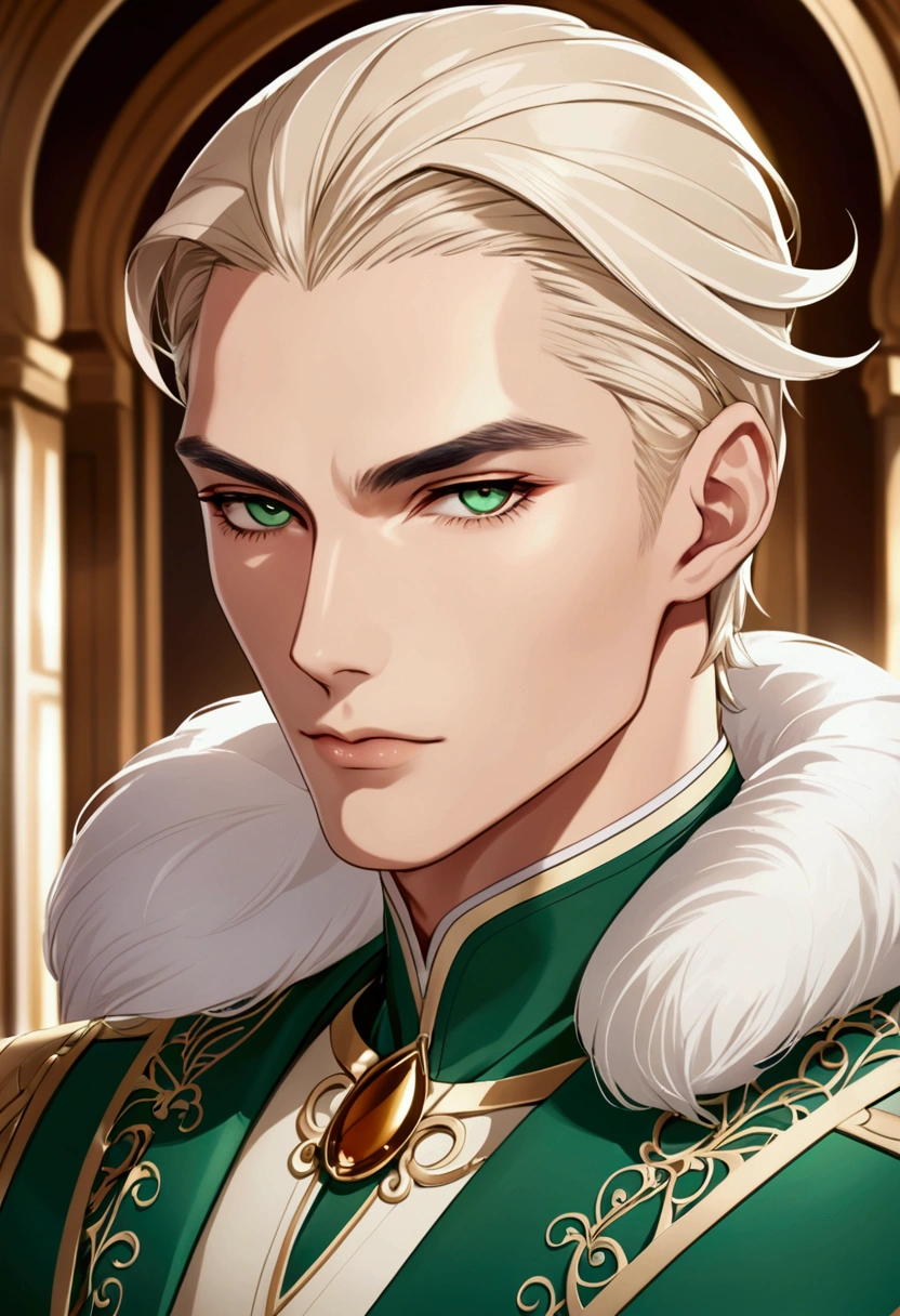 His skin is a smooth, warm caramel tone, and his hair is a soft platinum blonde, styled in a sleek, shoulder-length cut with gentle waves. His eyes are a striking green, framed by long lashes and perfectly shaped eyebrows. Julian's facial features are delicate, with high cheekbones and a refined jawline.