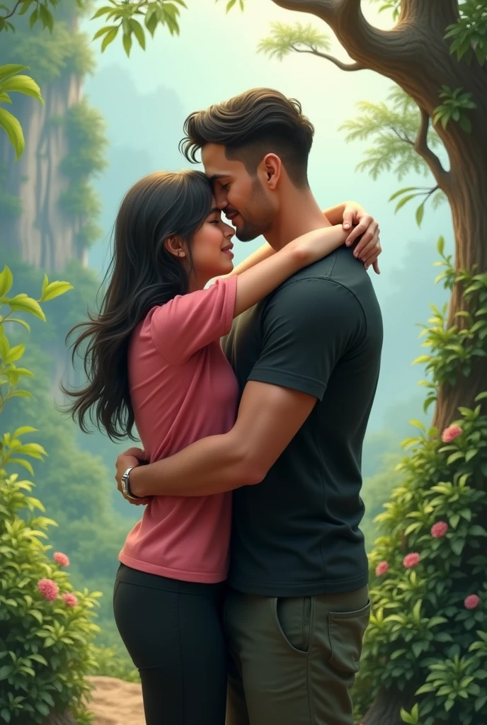 A  girl name supriya who is 5.4 feet short hugging sanyog her boyfriend who is 6 feet tall , boy wearing black t-shirt and girl wearing pink t-shirt in hills area jungle ,boy wearing half pant ,boy is 80 kg with no beard and. Girl wearing black box pant 