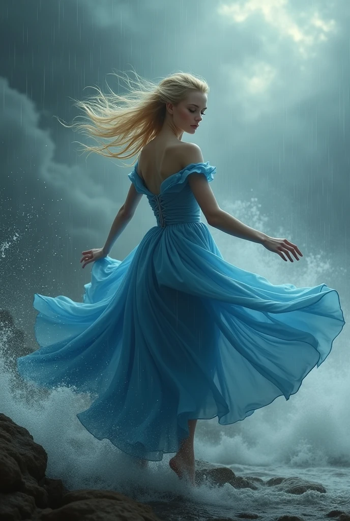 A pretty blonde dancer in a blue dress in a storm, full body.