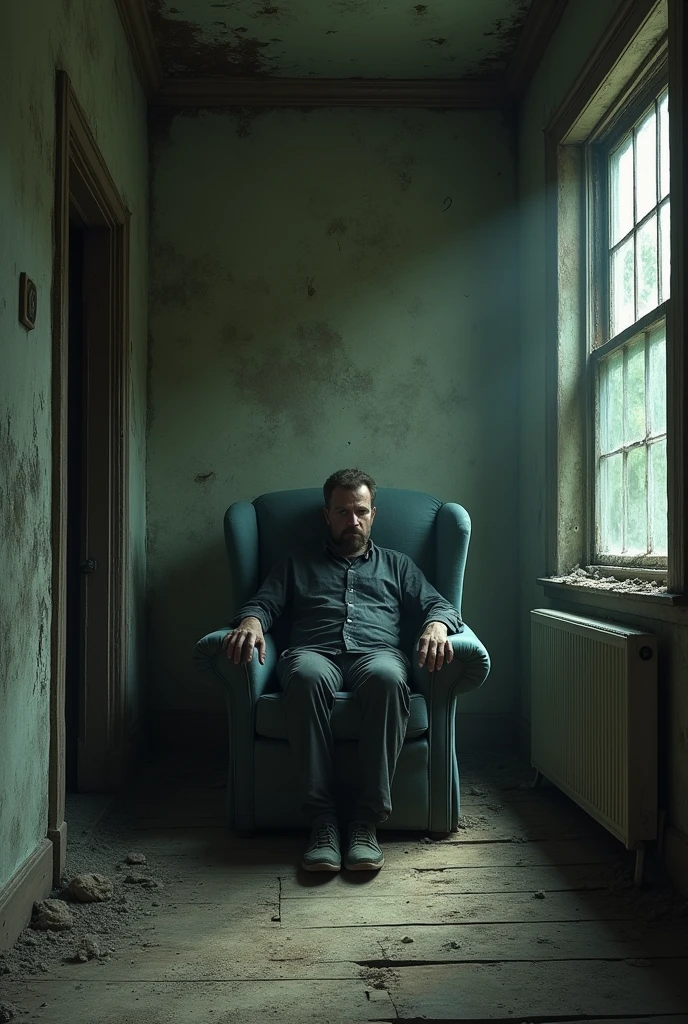 Abandoned house room man sitting in an armchair