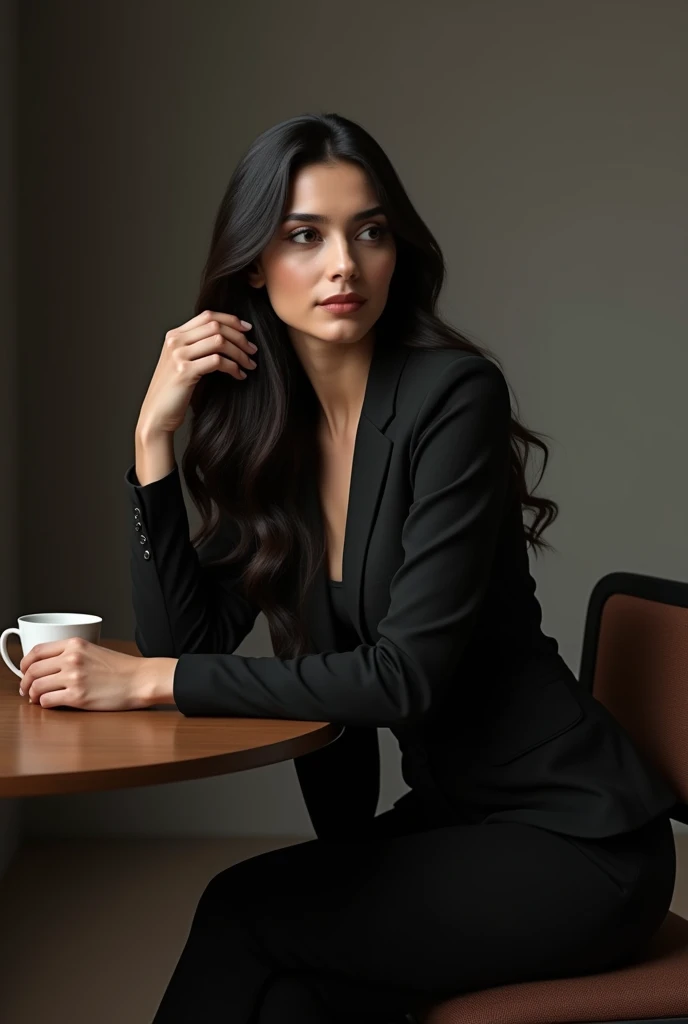 Beautiful punjabi girl with black suit sitting on chair and table with cup and one hand on her silky hair