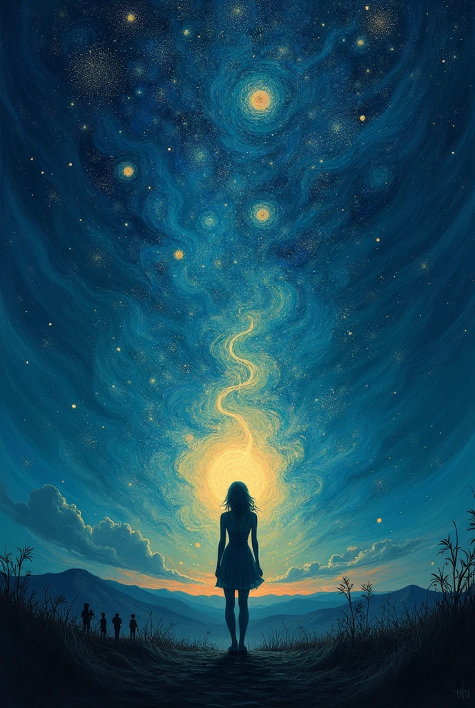 Night with stars like Van Gogh's starry night many silhouettes in the distance and in front a woman emanating light from her chest It's easy to be one more in the darkness.
The difficult thing is to be one in the true light