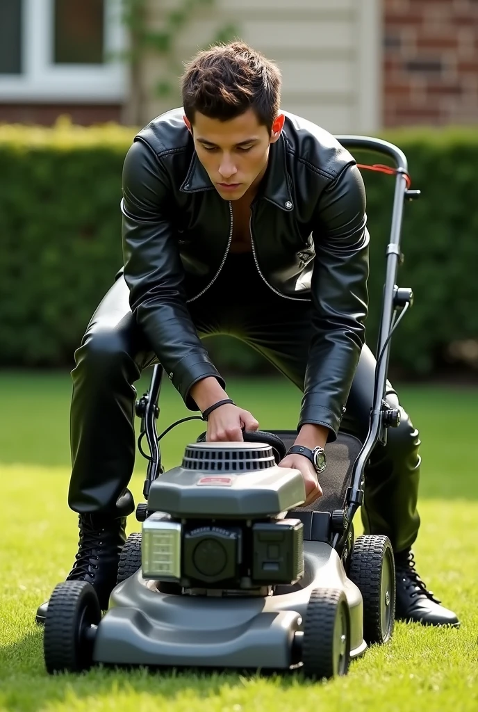 Young guy in full leathers starting lawnmower by pulling the starter cord

